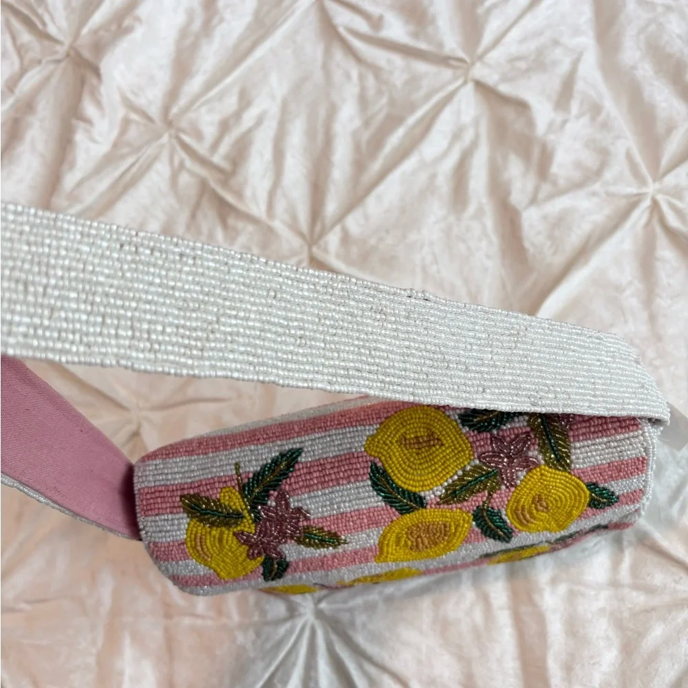 🍋 America & Beyond Lemon Beaded Bag | Pink Stripe Shoulder Purse - Picture 4 of 5